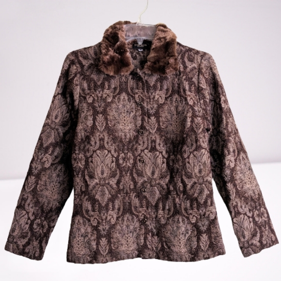 Vintage Marc Baxis LA Blazer Brown Tapestry Wool Alpaca Fur Collar Jewel… - Picture 1 of 17
